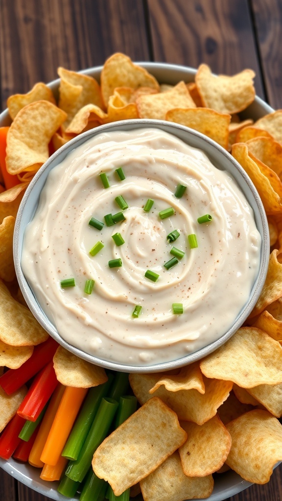Creamy onion dip in a bowl with chives, served with chips and vegetable sticks on a rustic table.